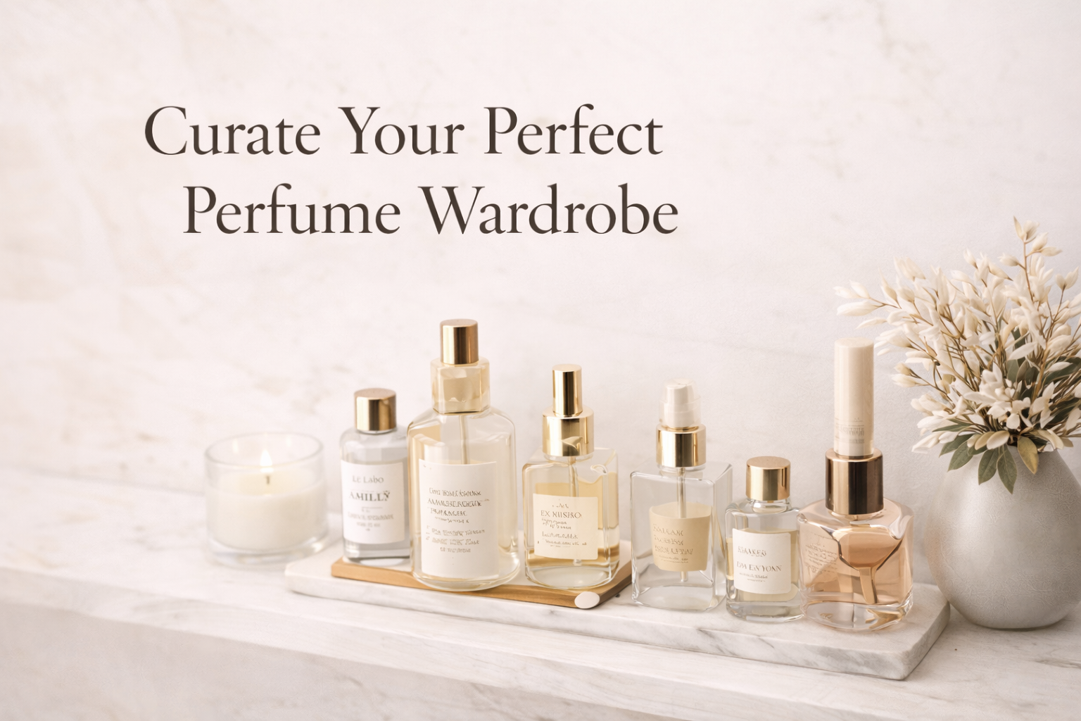 A mobile phone displaying the My Perfume Concierge app, surrounded by perfume bottles, candles, and other decorative items.